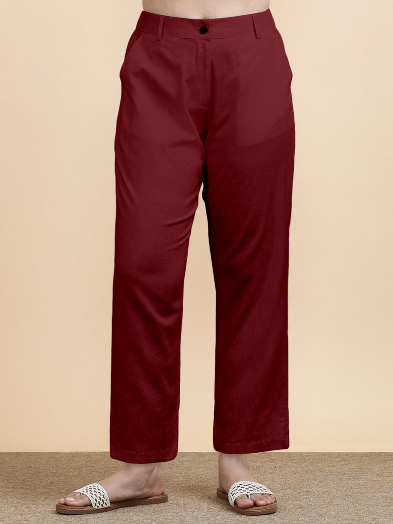 Laura x Soma | Women's Regular Fit Trouser in Cranberry Red Linen-Binks