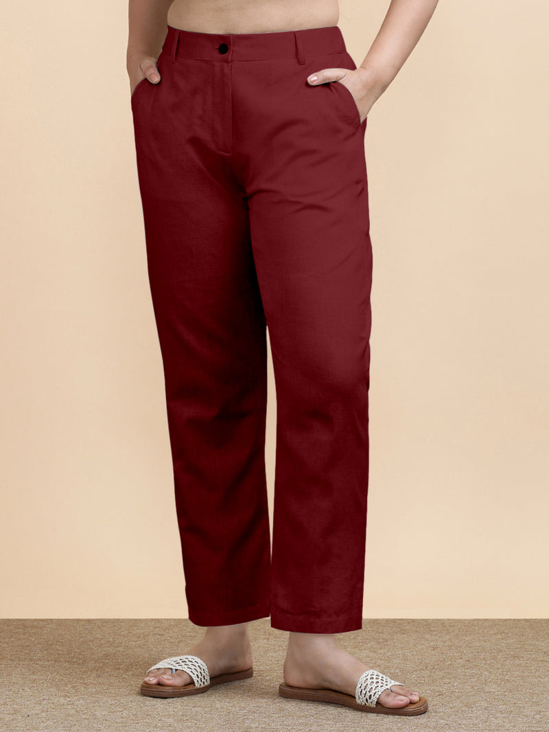 Laura x Soma | Women's Regular Fit Trouser in Cranberry Red Linen-Binks