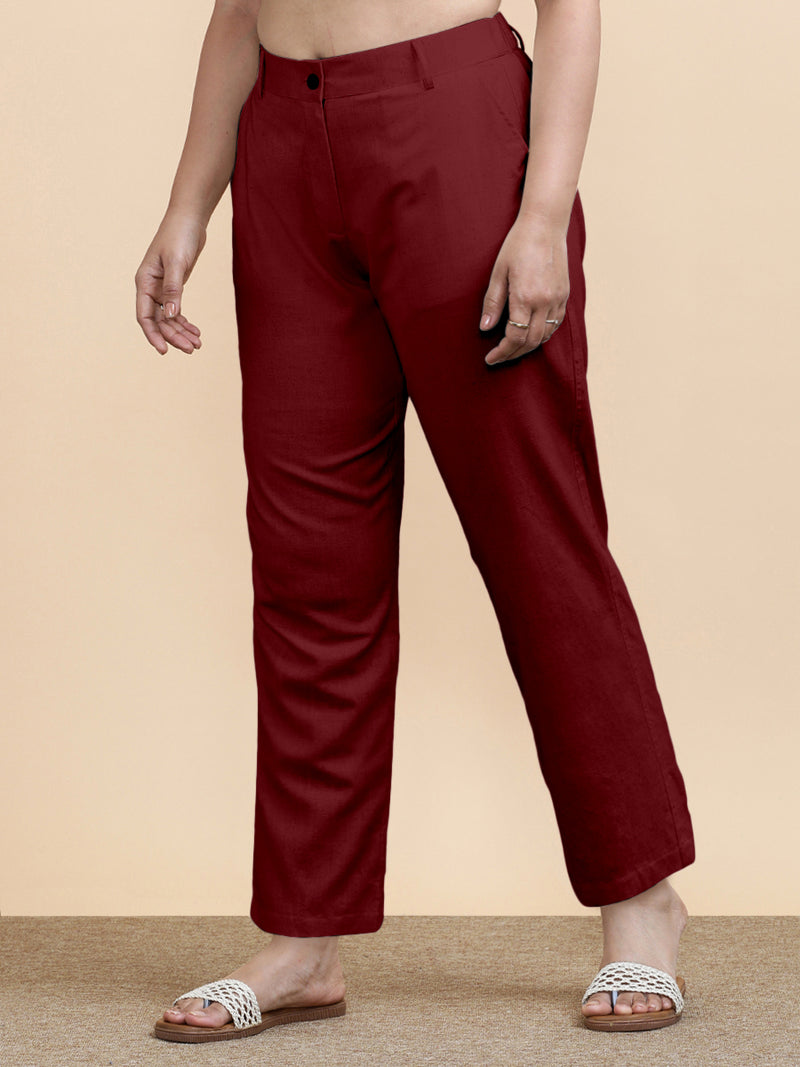 Laura x Soma | Women's Regular Fit Trouser in Cranberry Red Linen-Binks