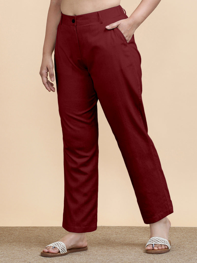 Laura x Soma | Women's Regular Fit Trouser in Cranberry Red Linen-Binks