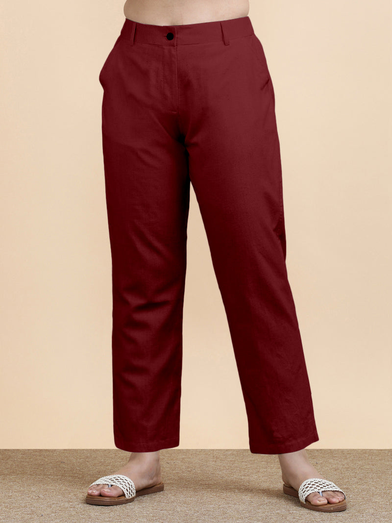 Laura x Soma | Women's Regular Fit Trouser in Cranberry Red Linen-Binks