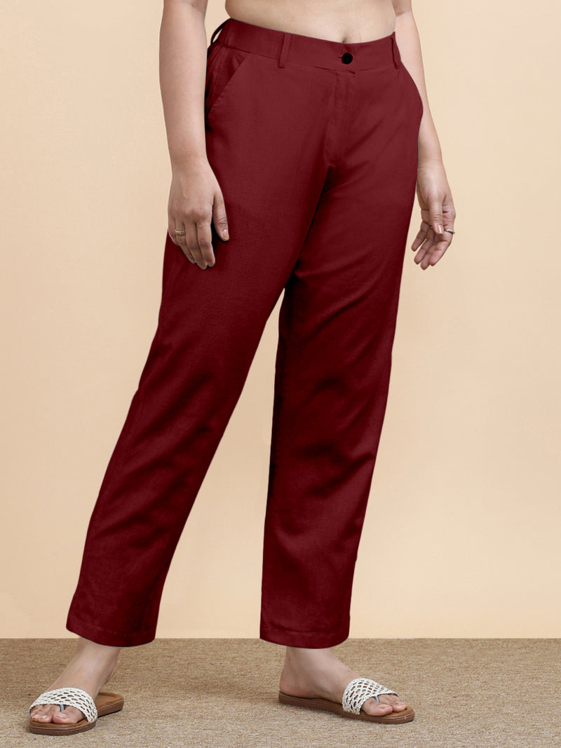 Laura x Soma | Women's Regular Fit Trouser in Cranberry Red Linen-Binks