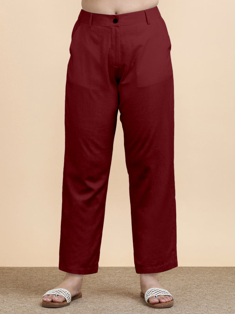 Laura x Soma | Women's Regular Fit Trouser in Cranberry Red Linen-Binks