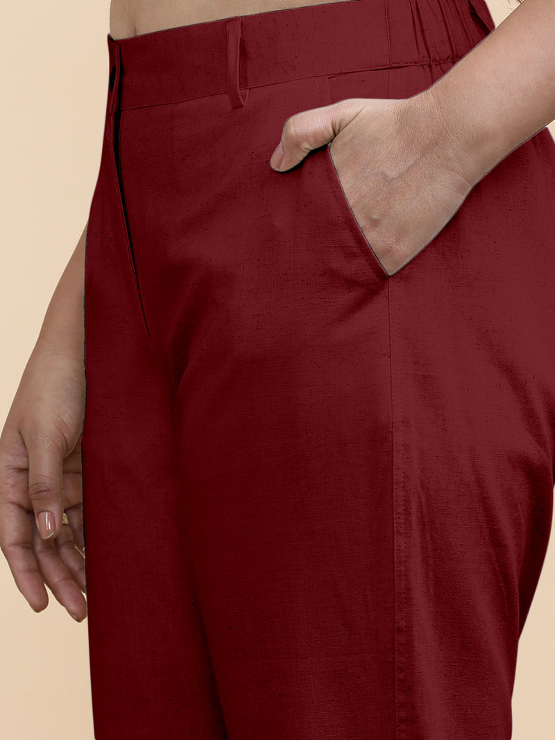 Laura x Soma | Women's Regular Fit Trouser in Cranberry Red Linen-Binks