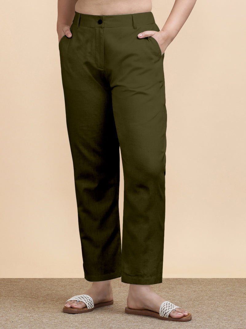 Laura x Soma | Women's Regular Fit Trouser in Deep Olive Green Linen-Binks