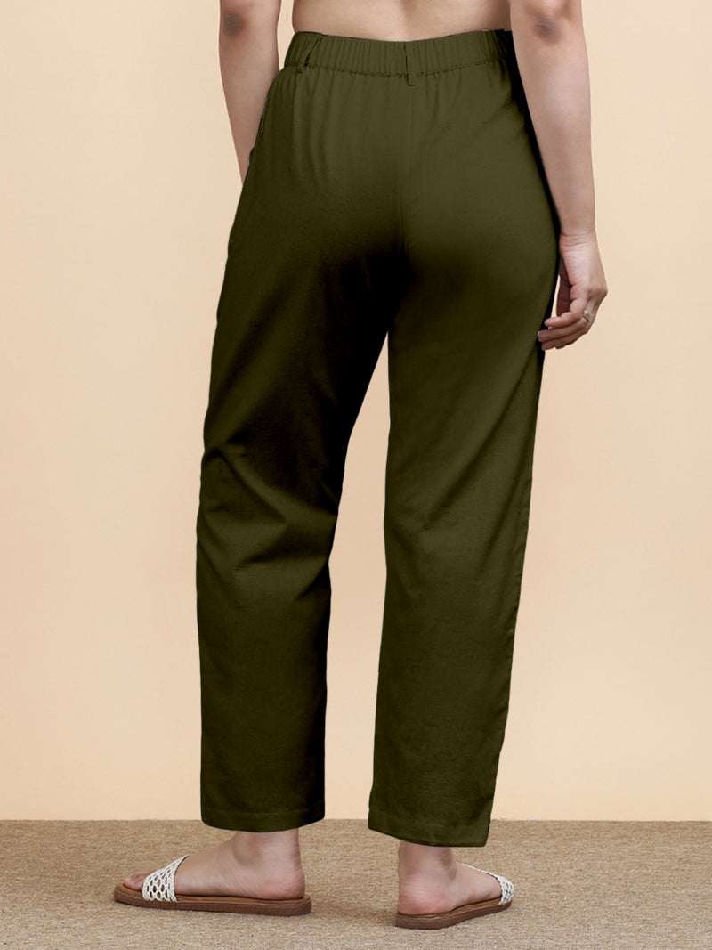 Laura x Soma | Women's Regular Fit Trouser in Deep Olive Green Linen-Binks