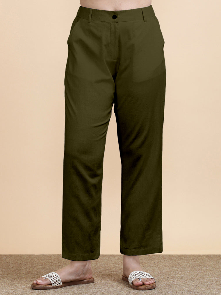 Laura x Soma Trouser, in Green 70% Cotton 30% Linen, made for daily & work (view 3).