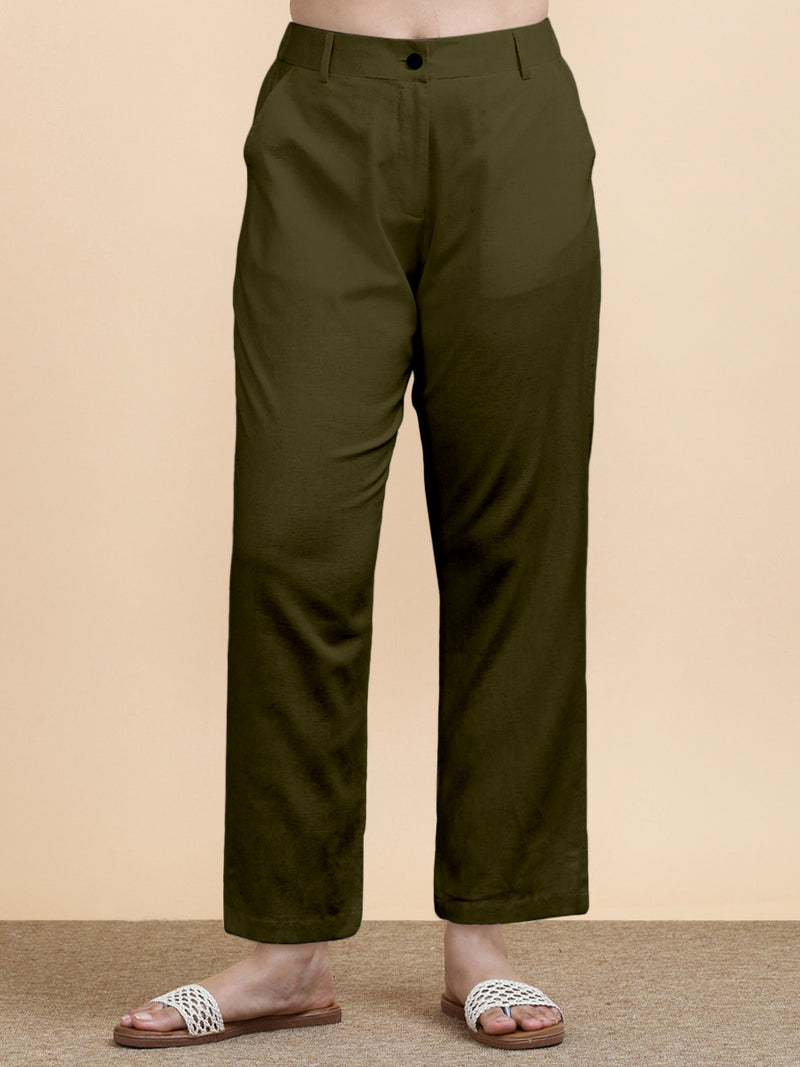 Laura x Soma | Women's Regular Fit Trouser in Deep Olive Green Linen-Binks