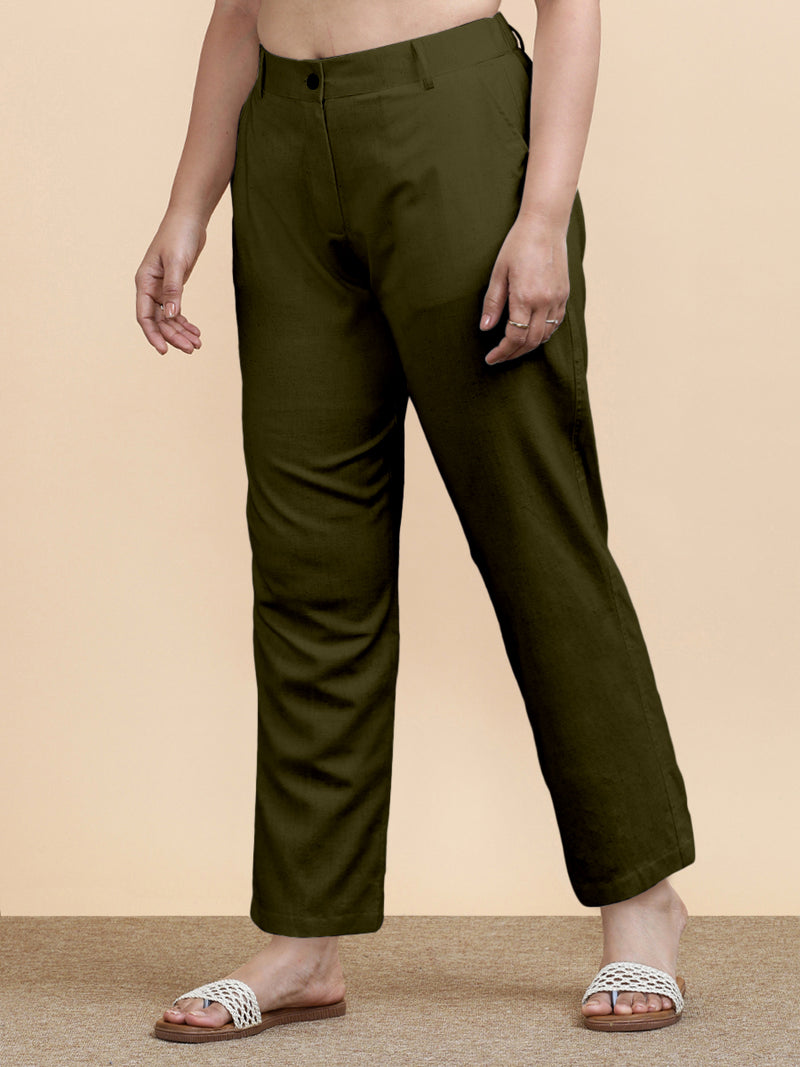 Laura x Soma | Women's Regular Fit Trouser in Deep Olive Green Linen-Binks