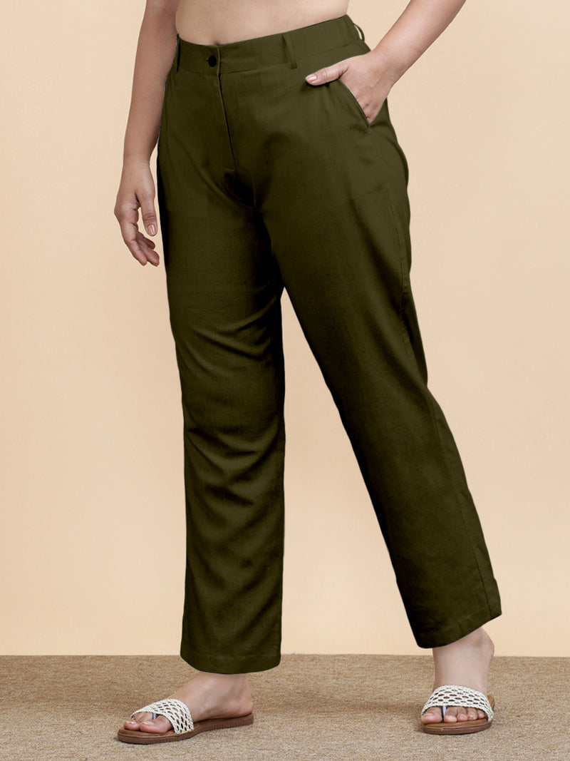 Laura x Soma | Women's Regular Fit Trouser in Deep Olive Green Linen-Binks