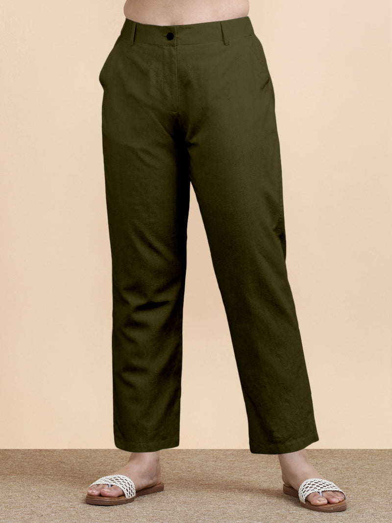 Laura x Soma | Women's Regular Fit Trouser in Deep Olive Green Linen-Binks