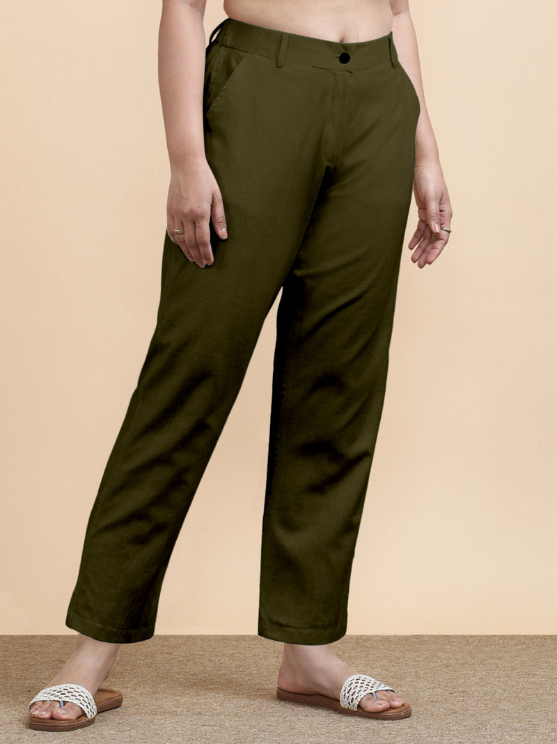 Laura x Soma | Women's Regular Fit Trouser in Deep Olive Green Linen-Binks