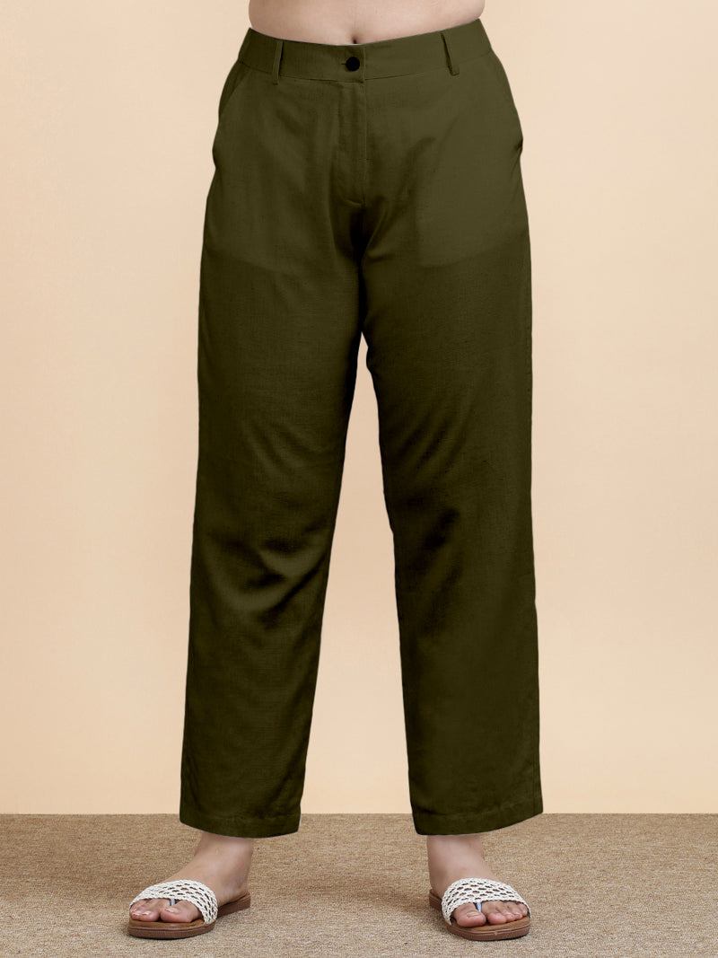 Laura x Soma | Women's Regular Fit Trouser in Deep Olive Green Linen-Binks