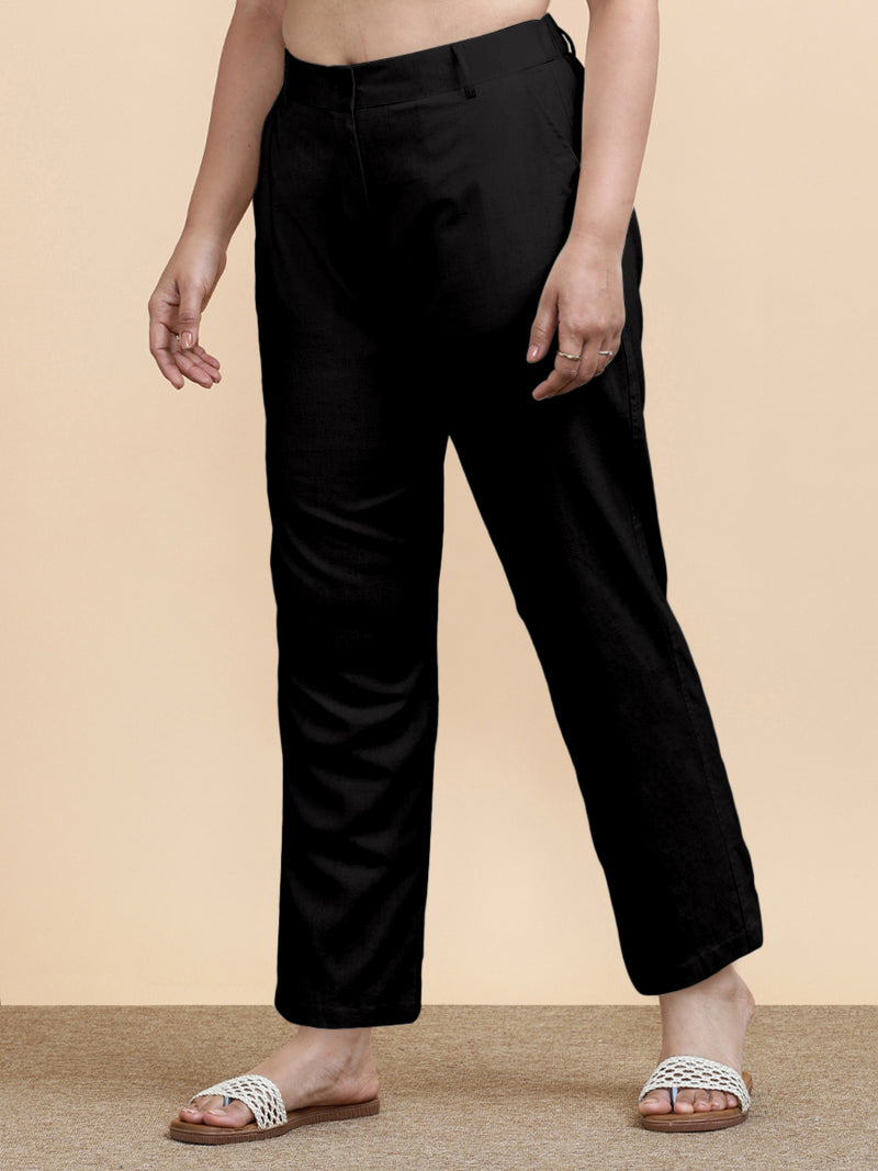 Laura x Soma | Women's Regular Fit Trouser in Ebony Black Linen-Binks