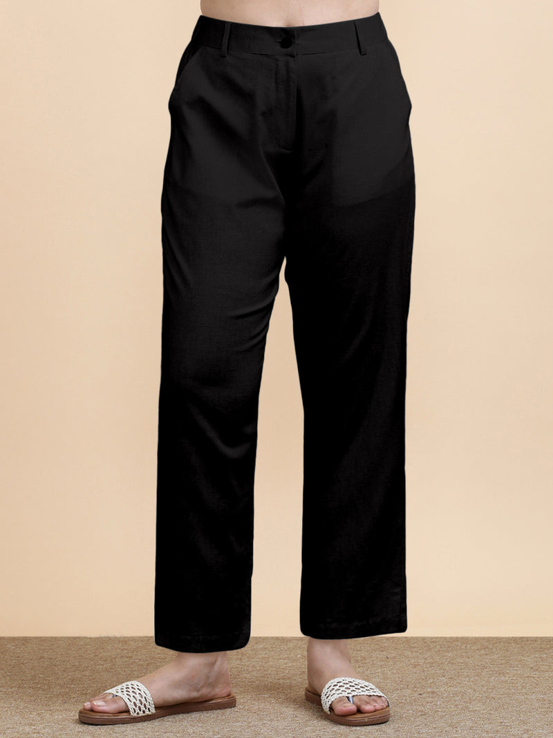 Laura x Soma | Women's Regular Fit Trouser in Ebony Black Linen-Binks