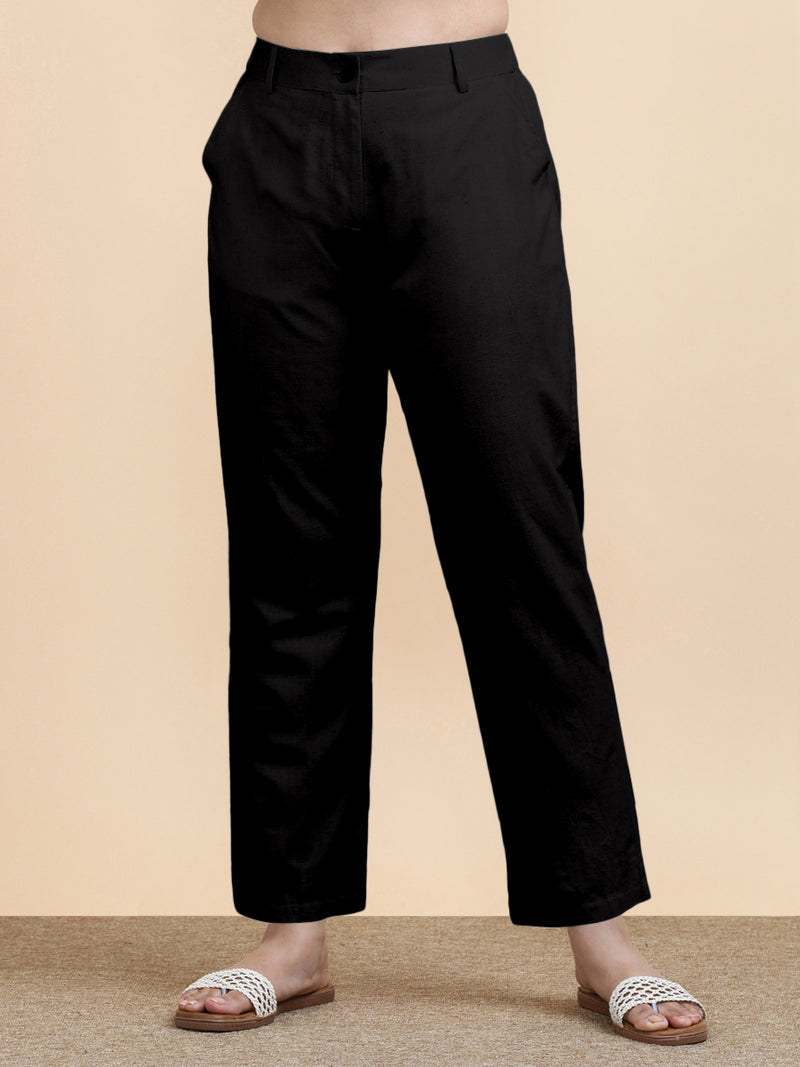 Laura x Soma | Women's Regular Fit Trouser in Ebony Black Linen-Binks