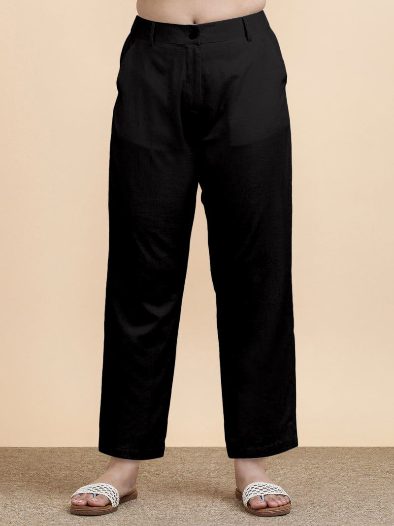 Laura x Soma | Women's Regular Fit Trouser in Ebony Black Linen-Binks