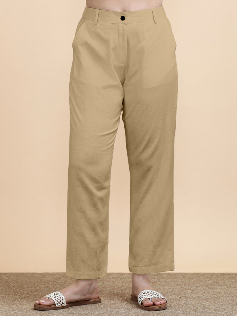 Laura x Soma Trouser, in Beige 70% Cotton 30% Linen, made for daily & work (view 3).