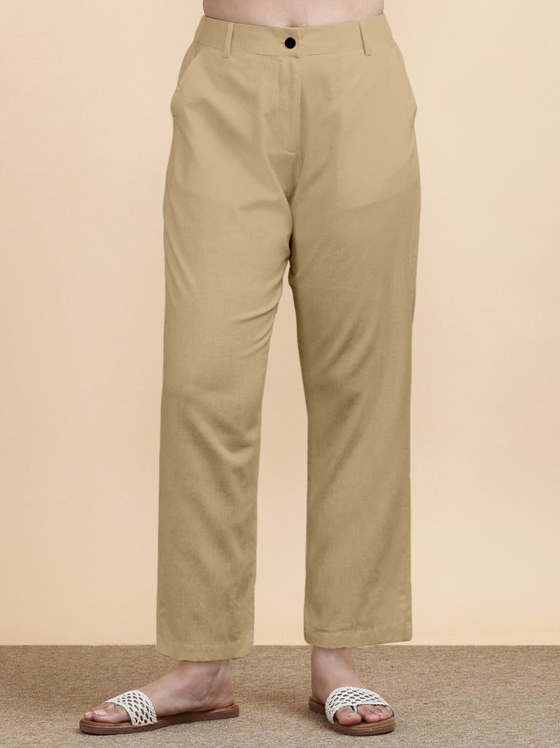 Laura x Soma | Women's Regular Fit Trouser in Ecru Beige Linen-Binks