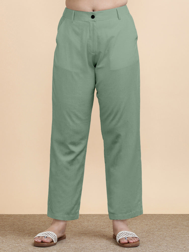 Laura x Soma Trouser, in Green 70% Cotton 30% Linen, made for daily & work.