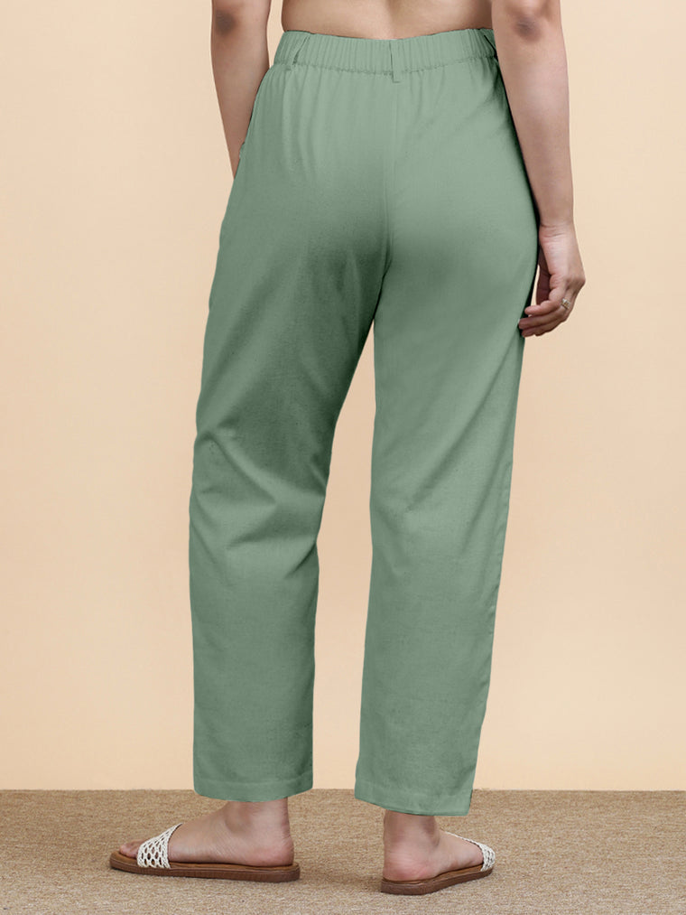 Laura x Soma Trouser, in Green 70% Cotton 30% Linen, made for daily & work (view 2).