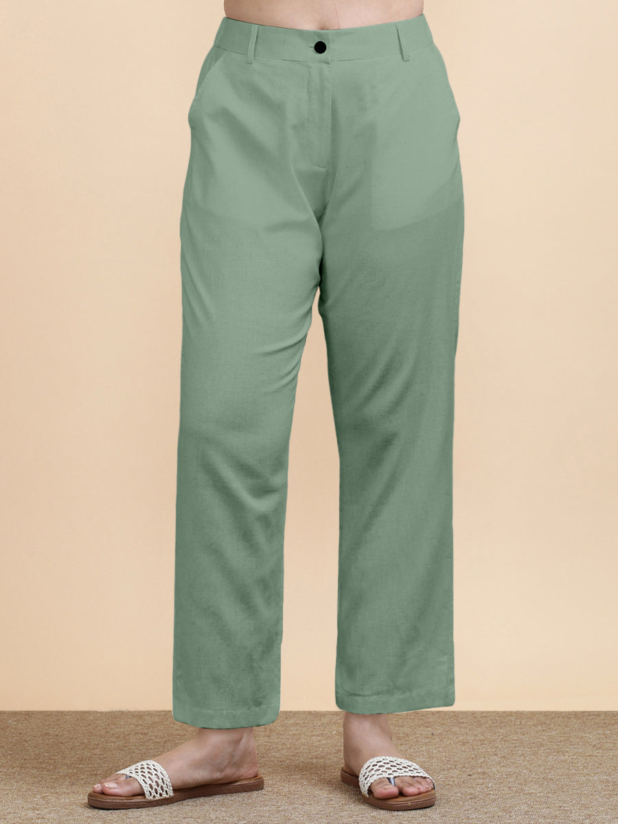 Laura x Soma Trouser, in Green 70% Cotton 30% Linen, made for daily & work (view 3).