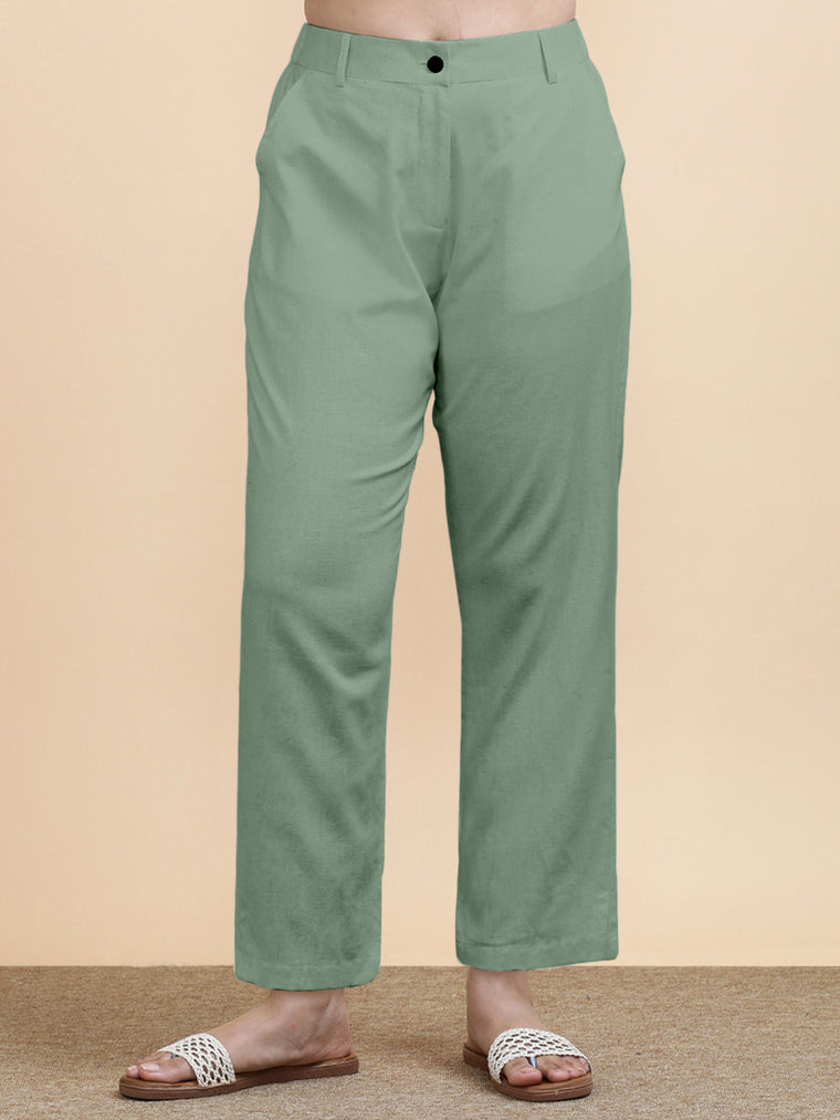 Laura x Soma Trouser, in Green 70% Cotton 30% Linen, made for daily & work (view 3).
