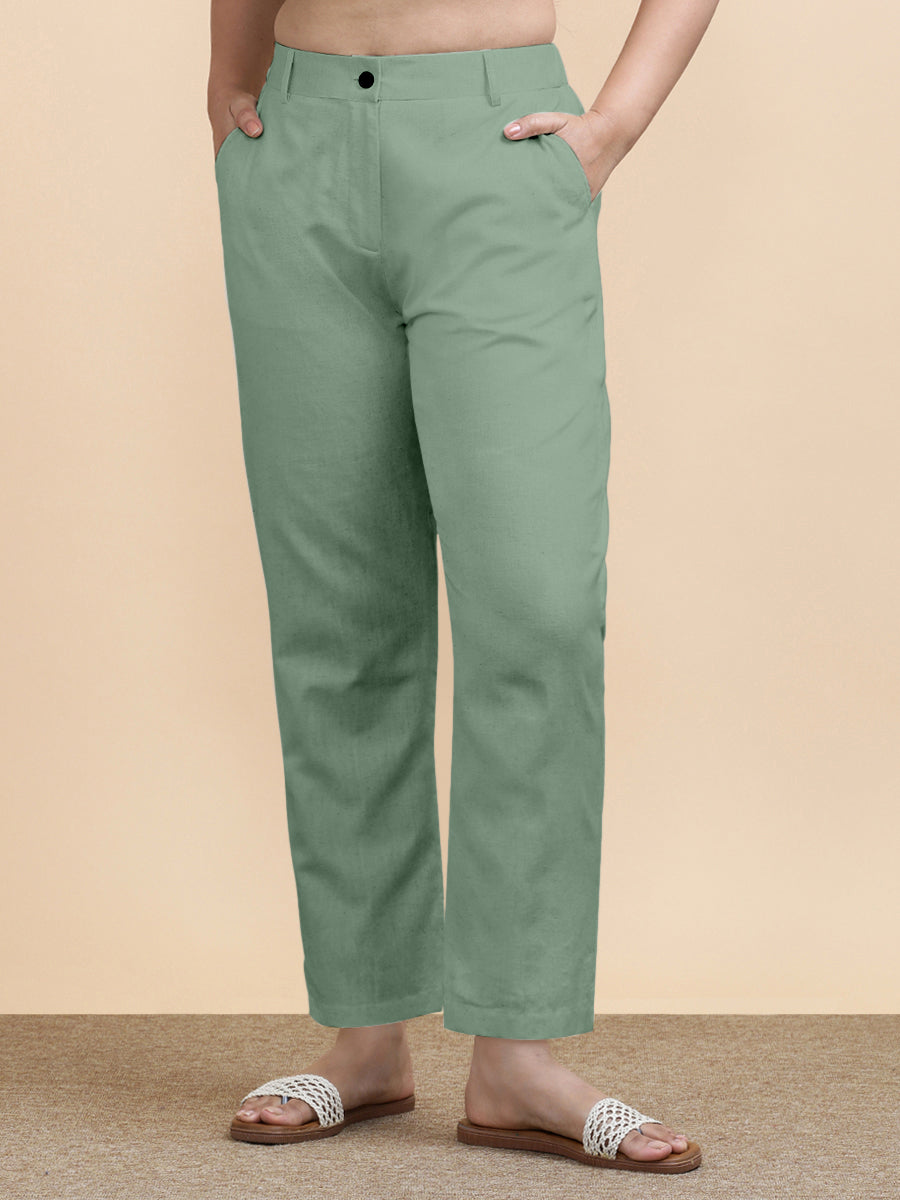 Laura x Soma Trouser, in Green 70% Cotton 30% Linen, made for daily & work (view 4).