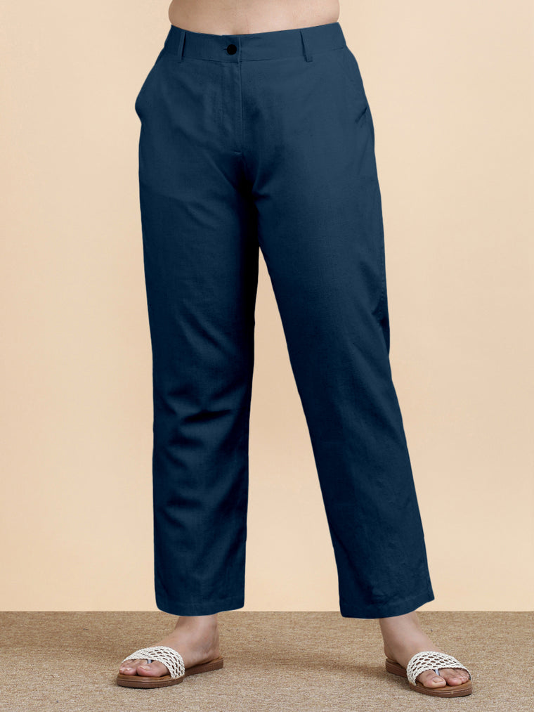 Laura x Soma Trouser, in Blue 70% Cotton 30% Linen, made for daily & work.