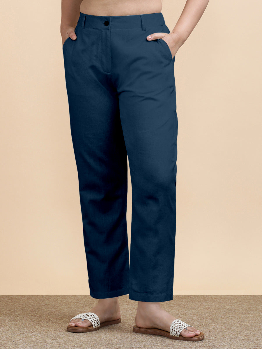 Laura x Soma Trouser, in Blue 70% Cotton 30% Linen, made for daily & work (view 4).