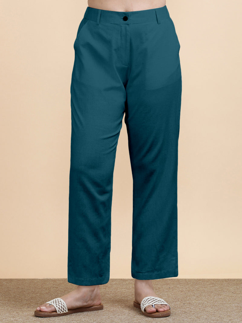 Laura x Soma | Women's Regular Fit Trouser in Teal Blue Linen-Binks