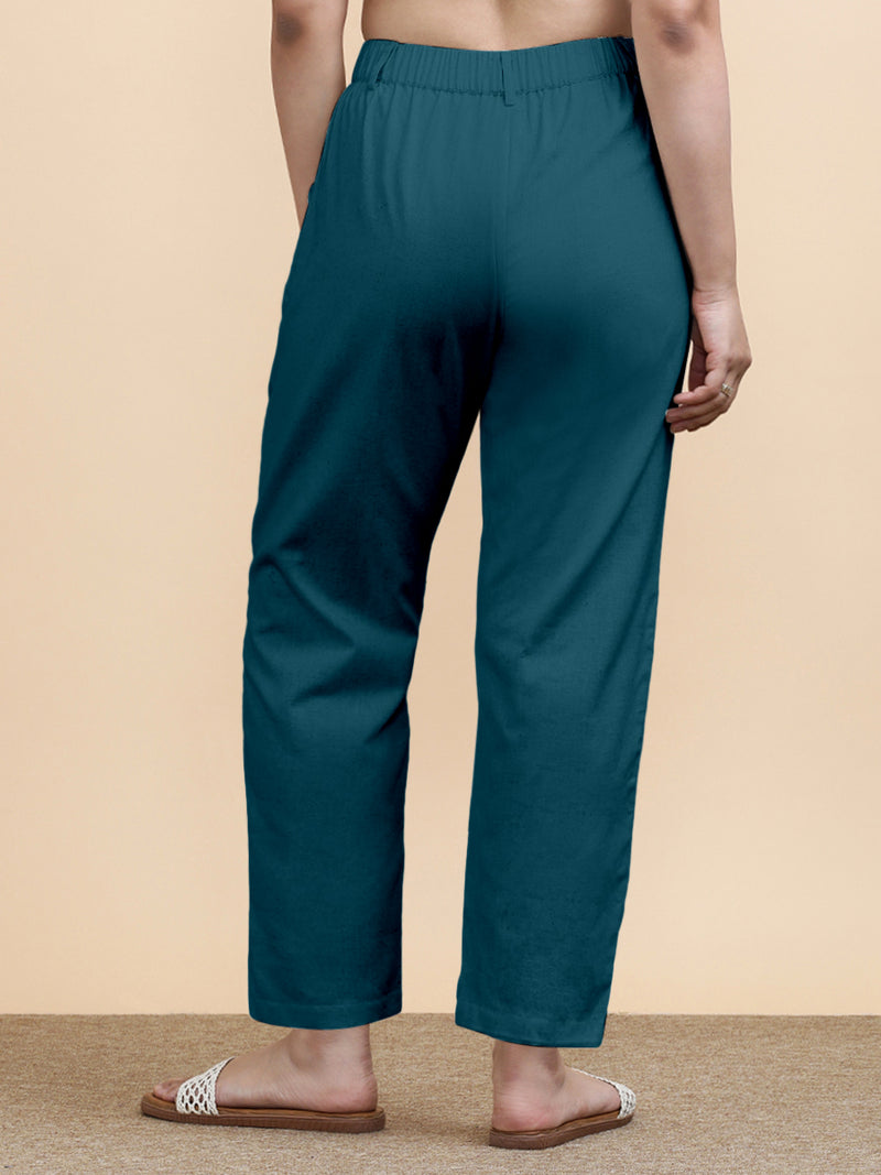 Laura x Soma | Women's Regular Fit Trouser in Teal Blue Linen-Binks