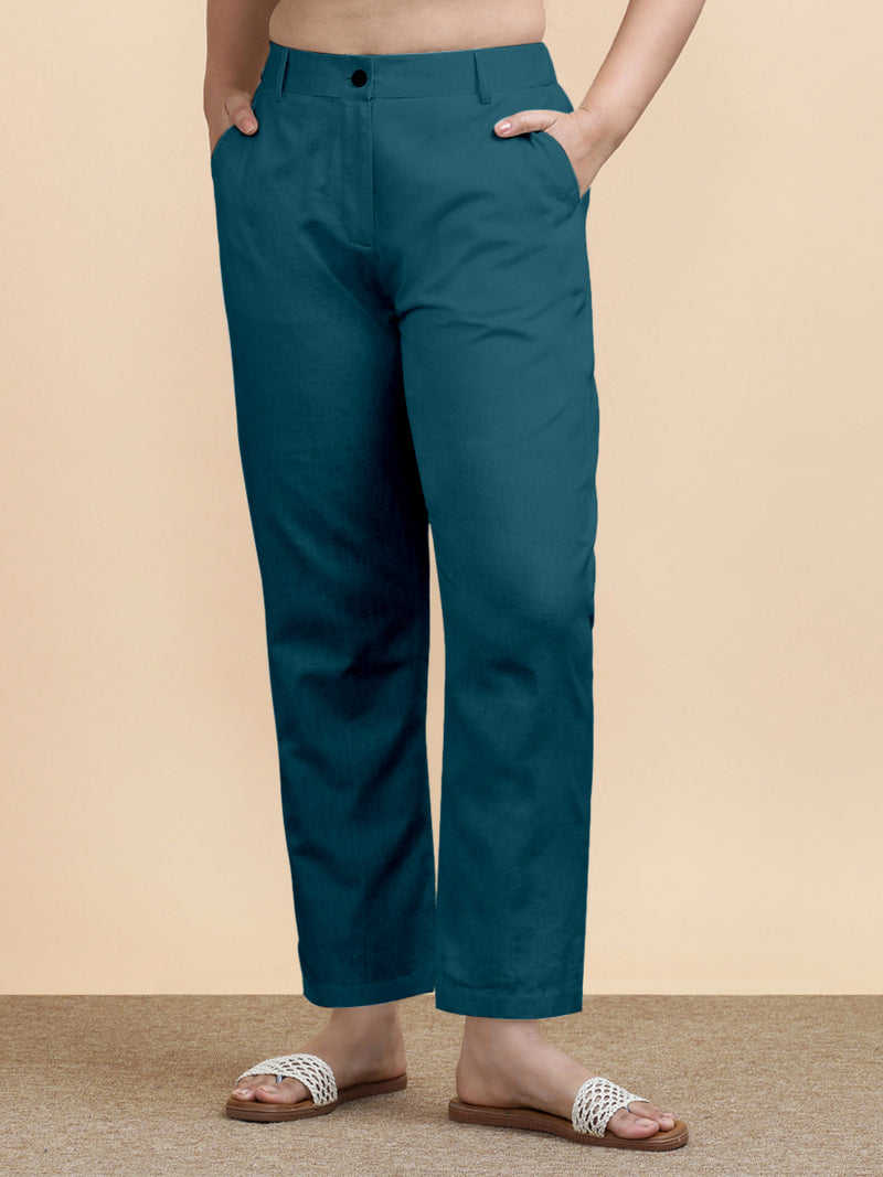 Laura x Soma | Women's Regular Fit Trouser in Teal Blue Linen-Binks