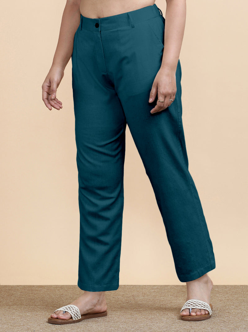 Laura x Soma | Women's Regular Fit Trouser in Teal Blue Linen-Binks