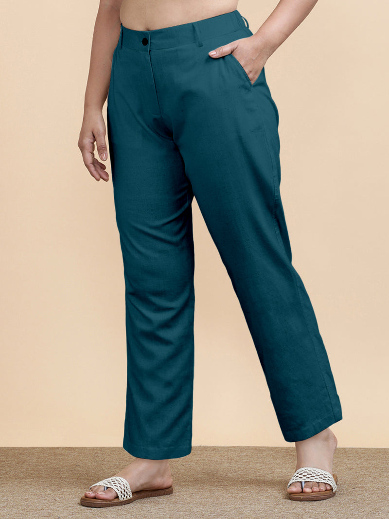 Laura x Soma | Women's Regular Fit Trouser in Teal Blue Linen-Binks