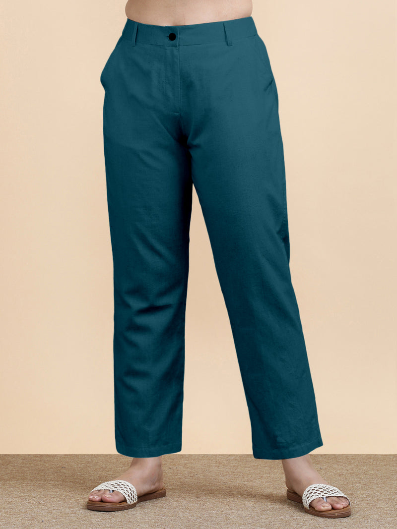Laura x Soma | Women's Regular Fit Trouser in Teal Blue Linen-Binks
