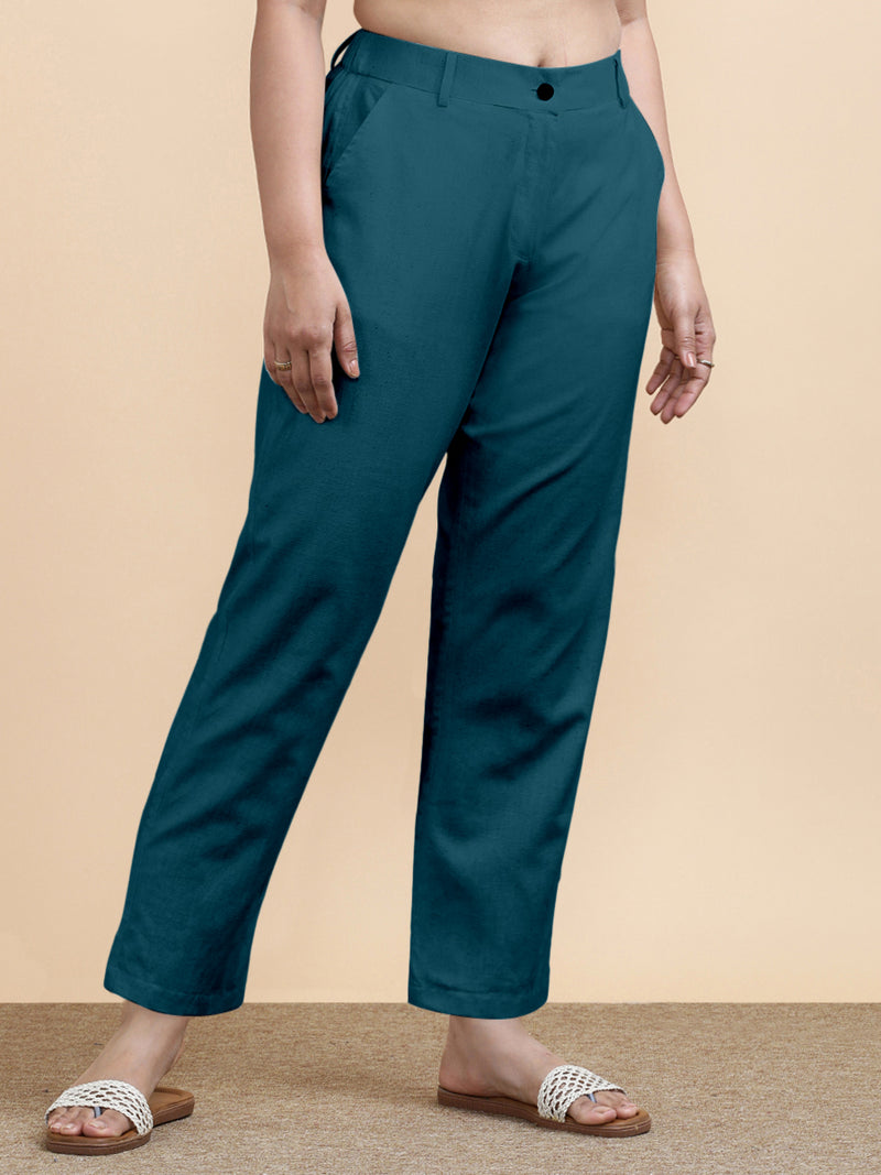 Laura x Soma | Women's Regular Fit Trouser in Teal Blue Linen-Binks