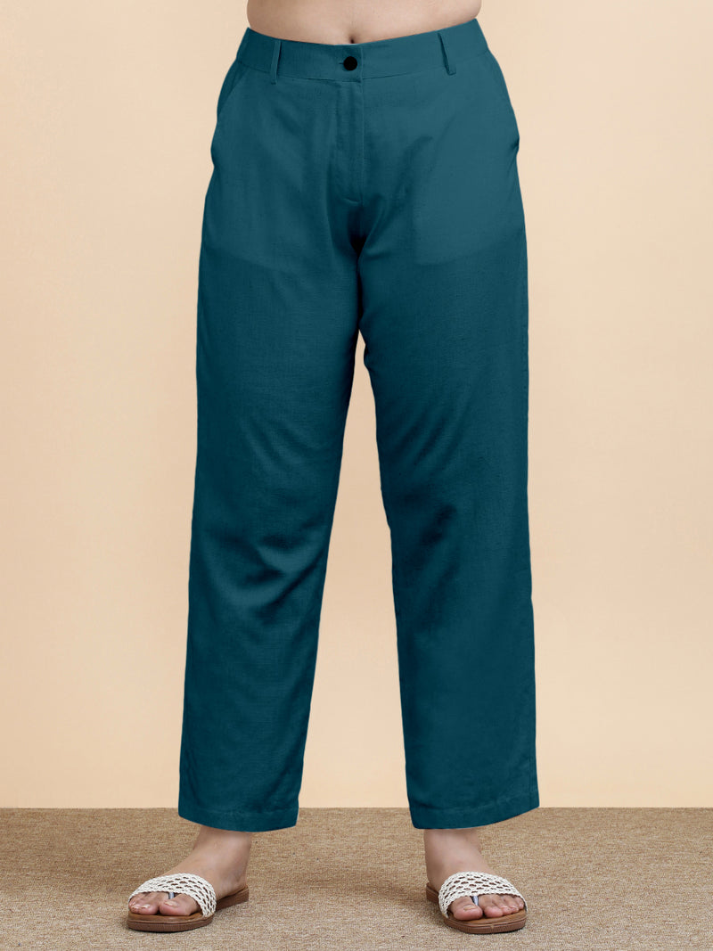Laura x Soma | Women's Regular Fit Trouser in Teal Blue Linen-Binks