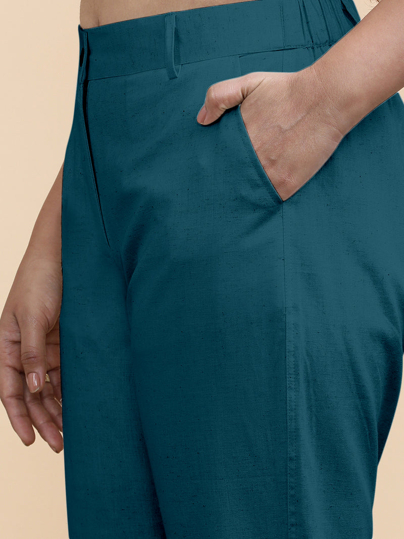 Laura x Soma | Women's Regular Fit Trouser in Teal Blue Linen-Binks