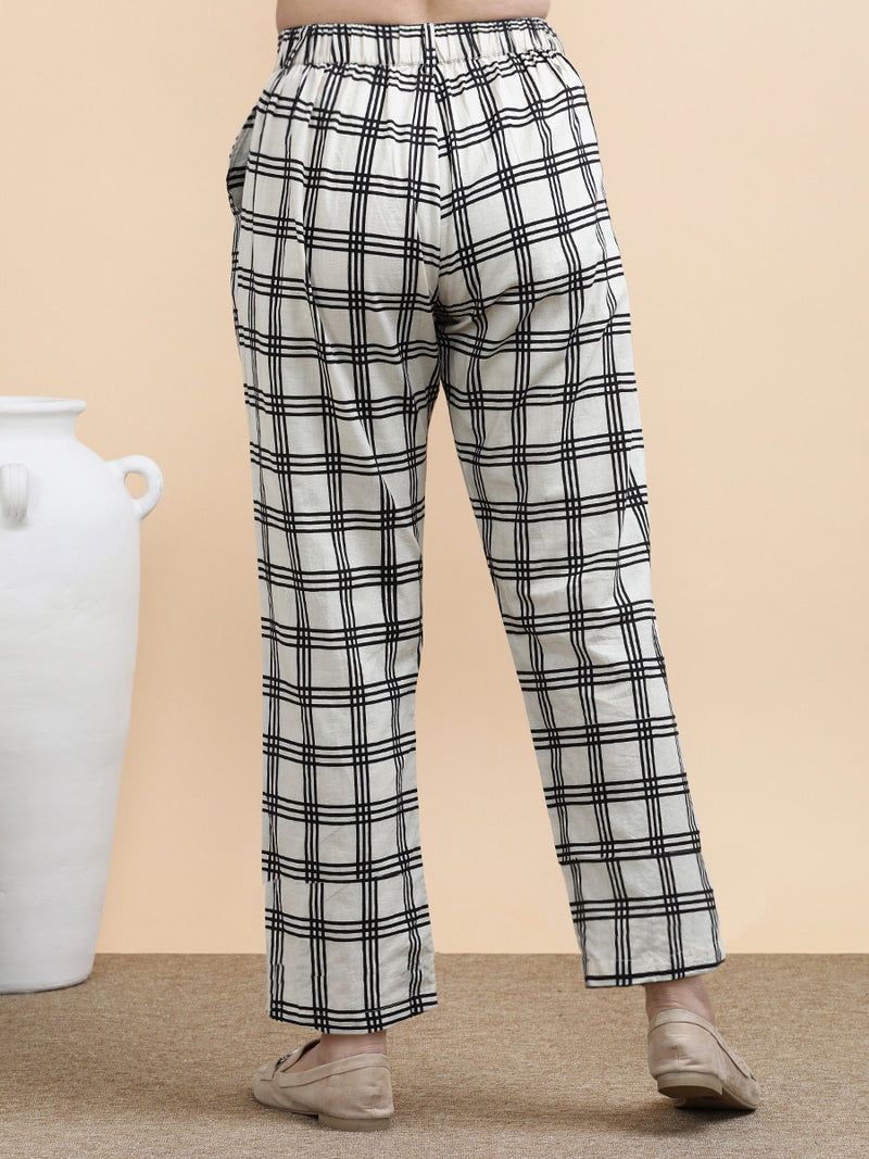 Simone x Soma | Women's Regular Fit Trouser in Cream Windowpane Check Block Print Cotton-Binks