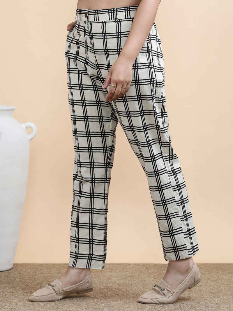 Simone x Soma | Women's Regular Fit Trouser in Cream Windowpane Check Block Print Cotton-Binks