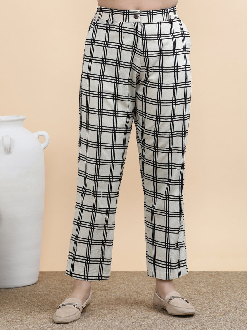 Simone x Soma | Women's Regular Fit Trouser in Cream Windowpane Check Block Print Cotton-Binks
