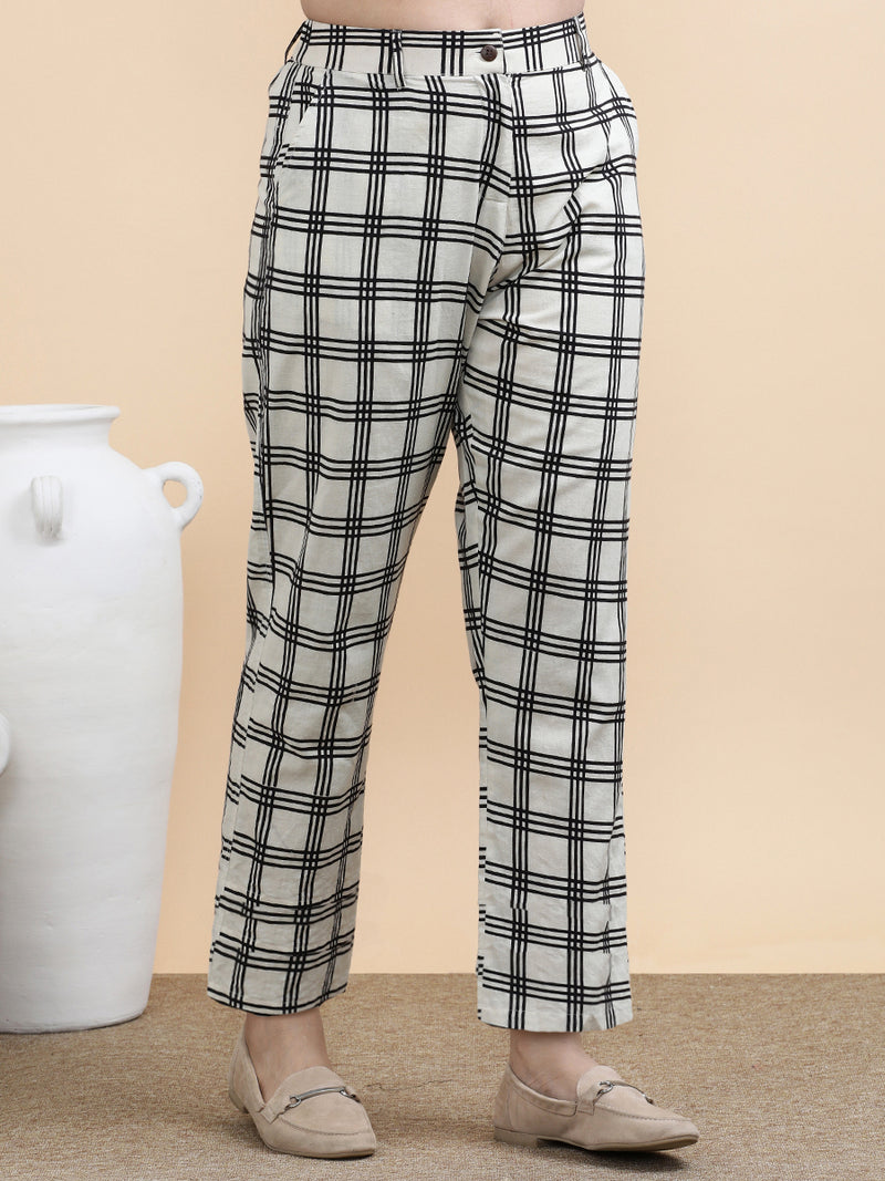 Simone x Soma | Women's Regular Fit Trouser in Cream Windowpane Check Block Print Cotton-Binks