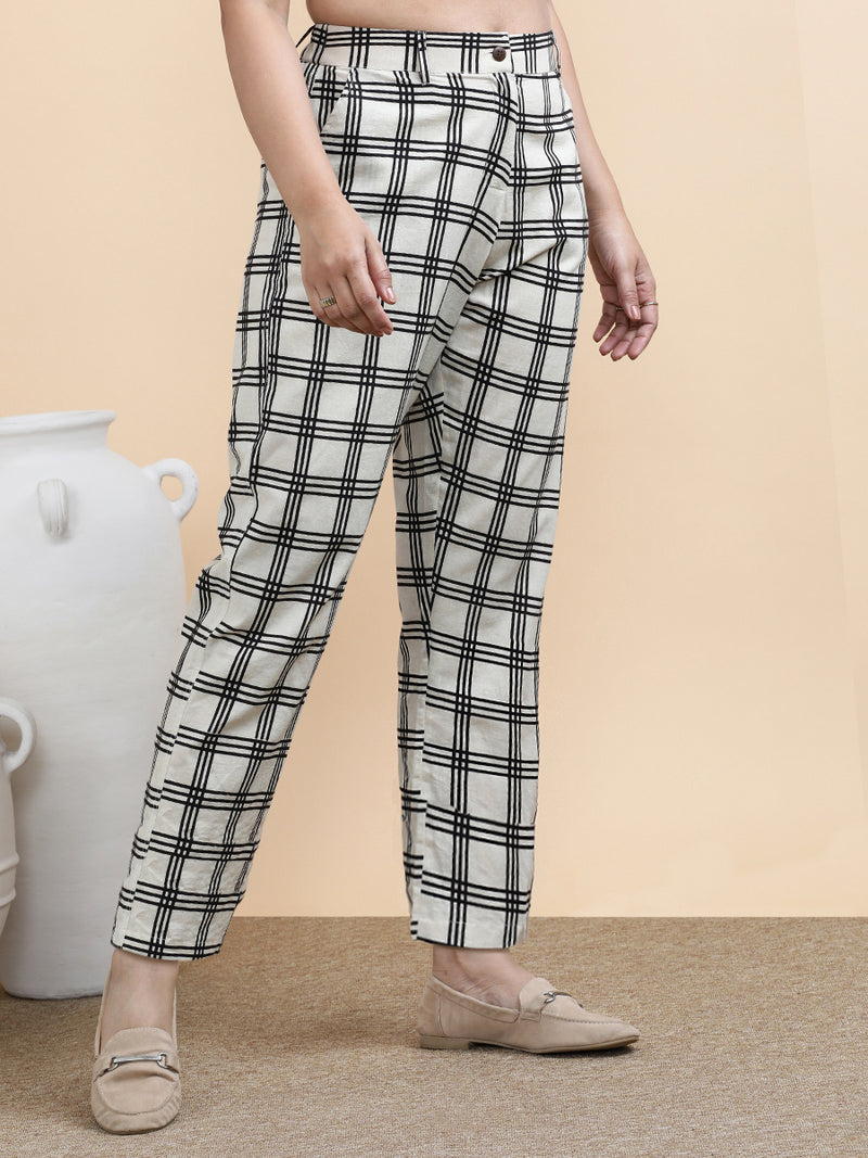 Simone x Soma | Women's Regular Fit Trouser in Cream Windowpane Check Block Print Cotton-Binks