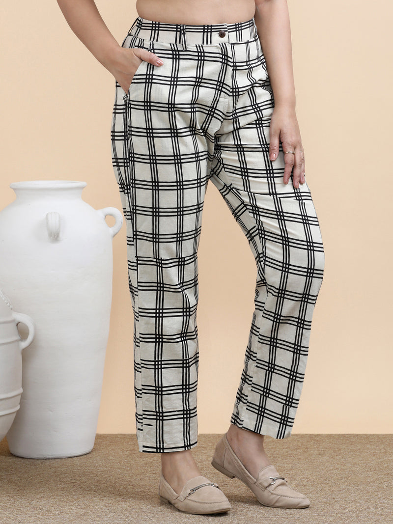 Simone x Soma | Women's Regular Fit Trouser in Cream Windowpane Check Block Print Cotton-Binks