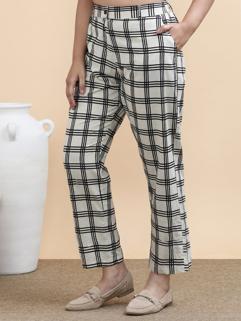Simone x Soma | Women's Regular Fit Trouser in Cream Windowpane Check Block Print Cotton-Binks