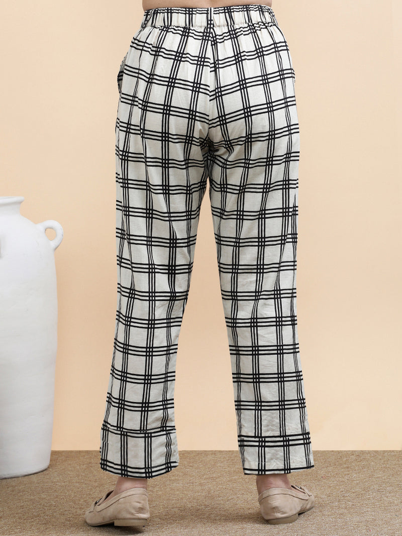 Simone x Soma | Women's Regular Fit Trouser in Cream Windowpane Check Block Print Cotton-Binks
