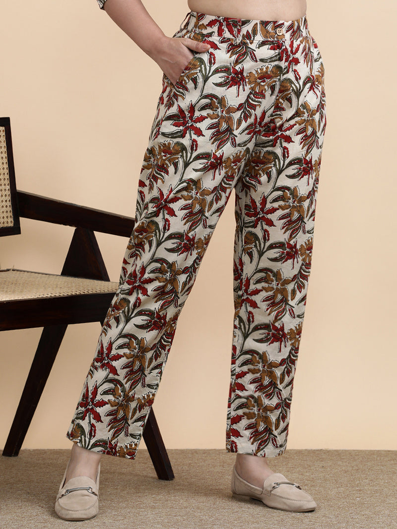 Tilda x Soma | Women's Regular Fit Trouser in Cream Blossom Block Print Cotton-Binks