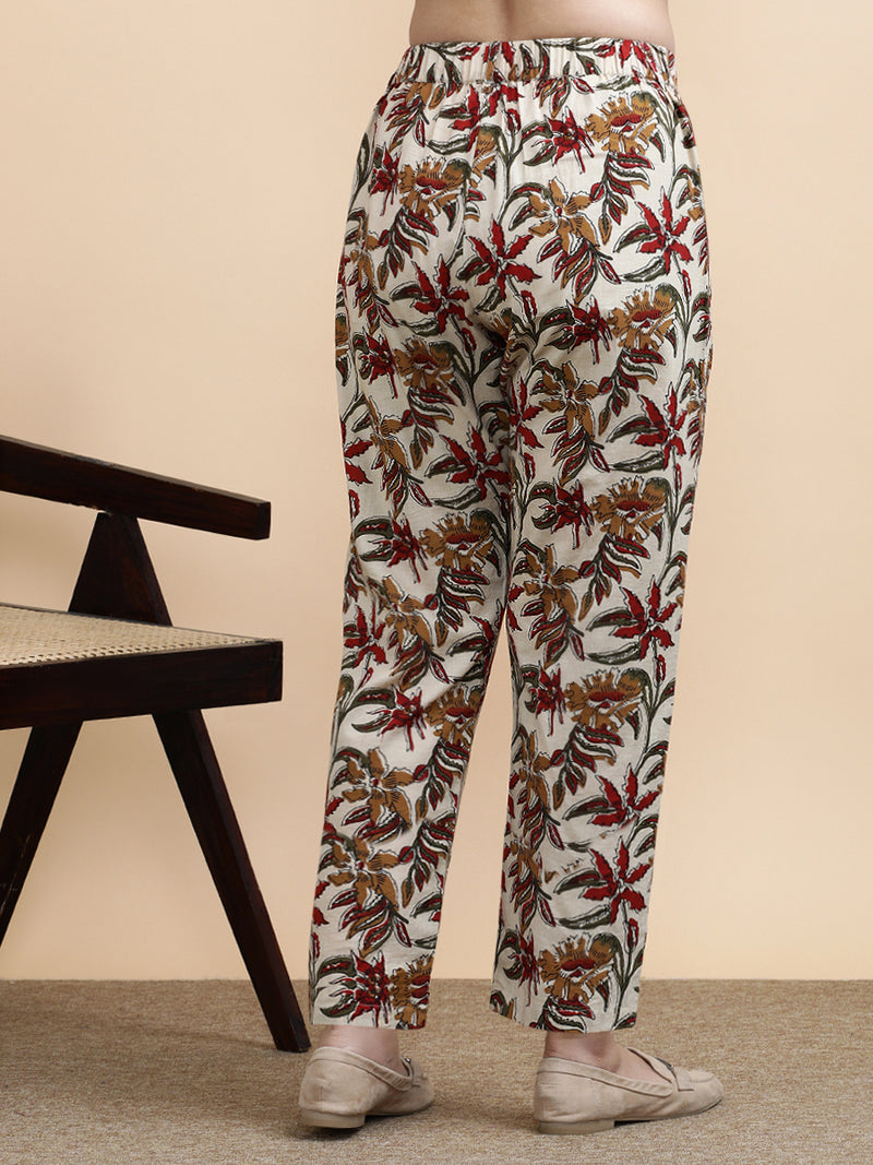 Tilda x Soma | Women's Regular Fit Trouser in Cream Blossom Block Print Cotton-Binks