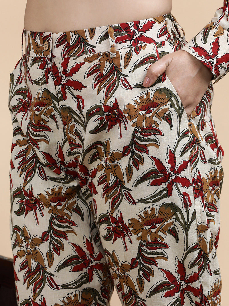 Tilda x Soma | Women's Regular Fit Trouser in Cream Blossom Block Print Cotton-Binks